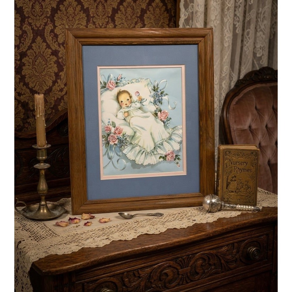 Vintage Framed Nursery Art Print Baby in Bassinet Pink Roses Blue Mat Wood Frame